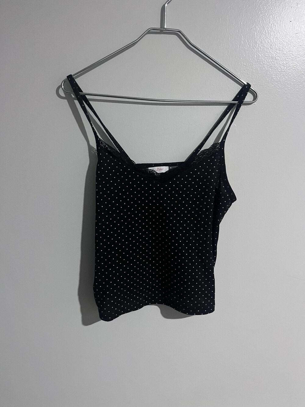 Colsie Camisole Womens L Black Polka Dot Knit Lace Trim Strappy Tank Stretch
